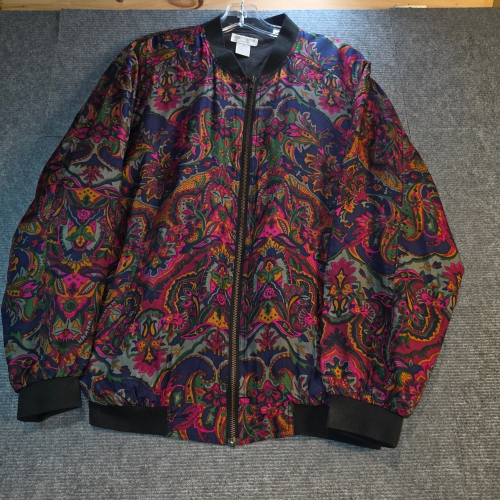 Robert Stock Bomber Jacket Women Large Multi Paisley Silk Vintage Good Zip Up